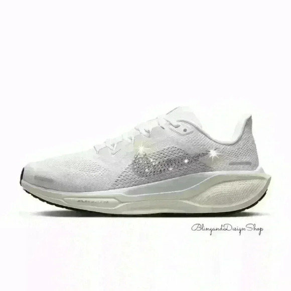 Bling Nike Pegasus 41 Womens White Sneakers Shoes Customized with Crystals - Picture 1 of 6